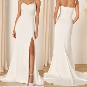 LULU'S M Elevated Glamour White Satin Sequin Bustier Mermaid Maxi Dress NEW B26